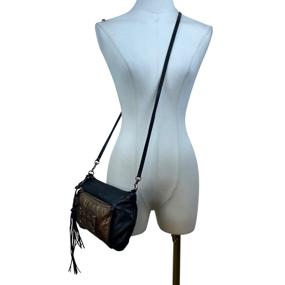 B. Makowsky Women’s Black & Bronze Leather With Fringe Zippered Crossbody Bag