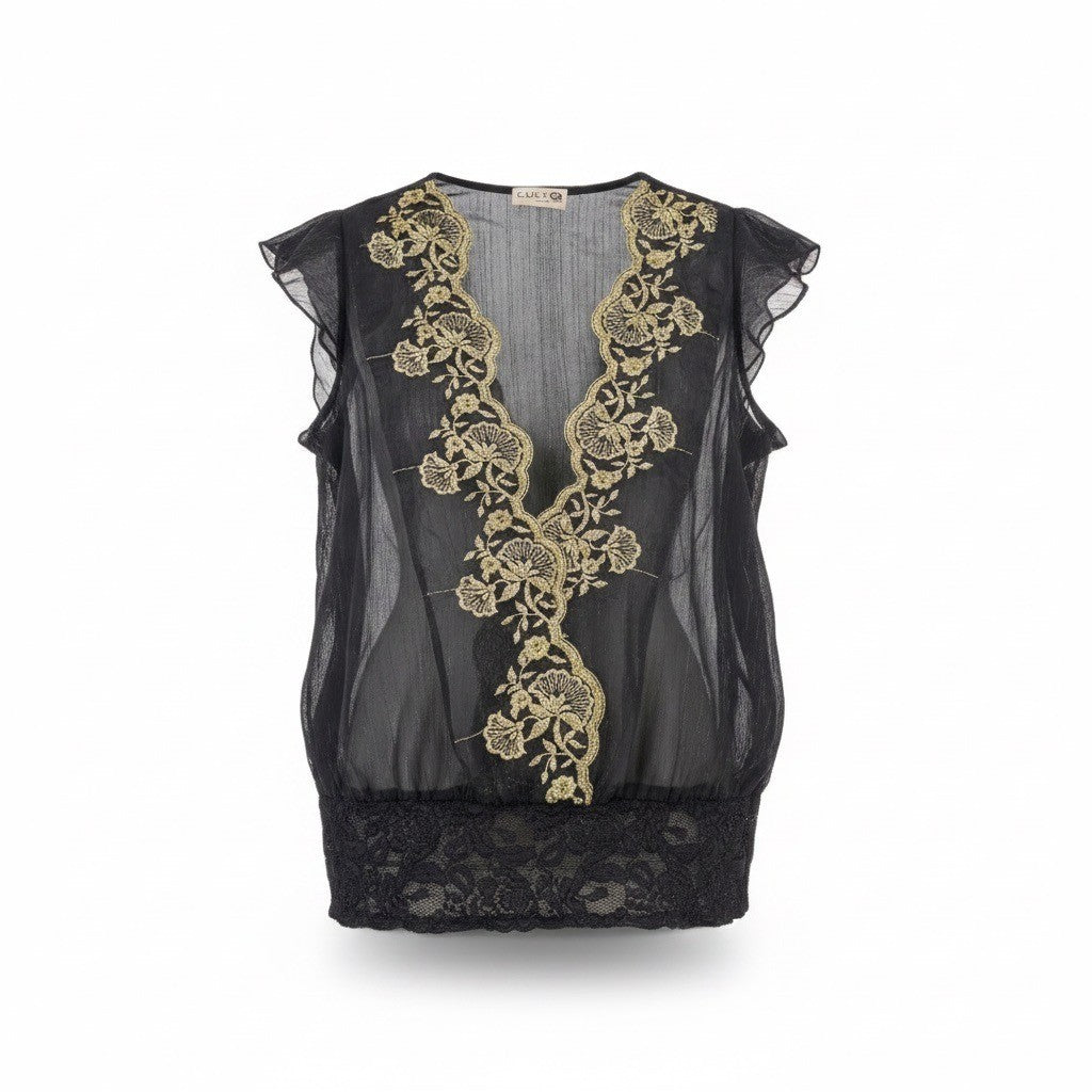Luly K Womens Black Sheer Embroidered Blouse With Lace Trim Elegant Size OS 