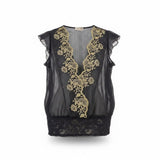 Luly K Womens Black Sheer Embroidered Blouse With Lace Trim Elegant Size OS 