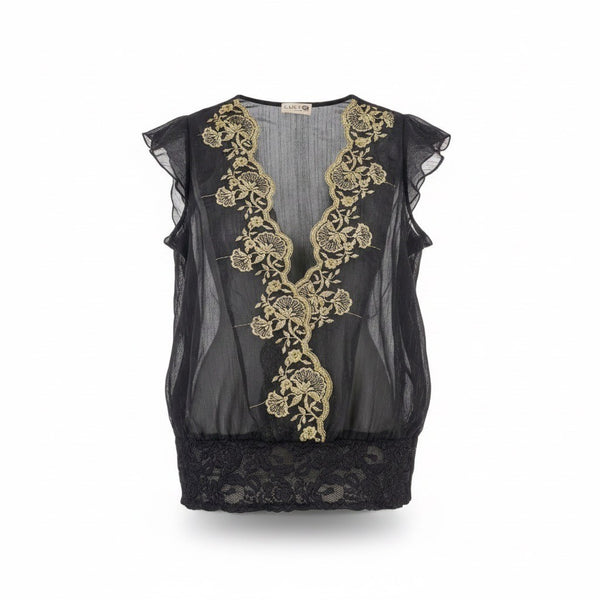 Luly K Womens Black Sheer Embroidered Blouse With Lace Trim Elegant Size OS 