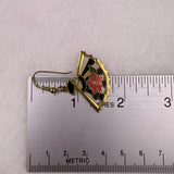 Vintage Gold Tone Enamel Fan Earrings Pink Floral Black Accents Lightweight