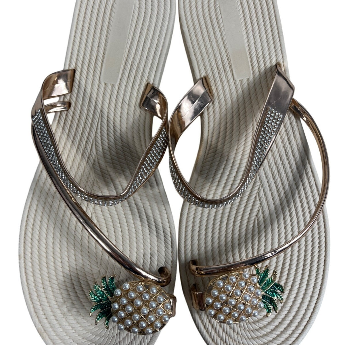 Women's Beige Pineapple Faux Pearls Rhinstone Strap Sandals Sz 42 (11.5 US)