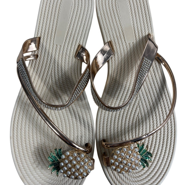 Women's Beige Pineapple Faux Pearls Rhinstone Strap Sandals Sz 42 (11.5 US)
