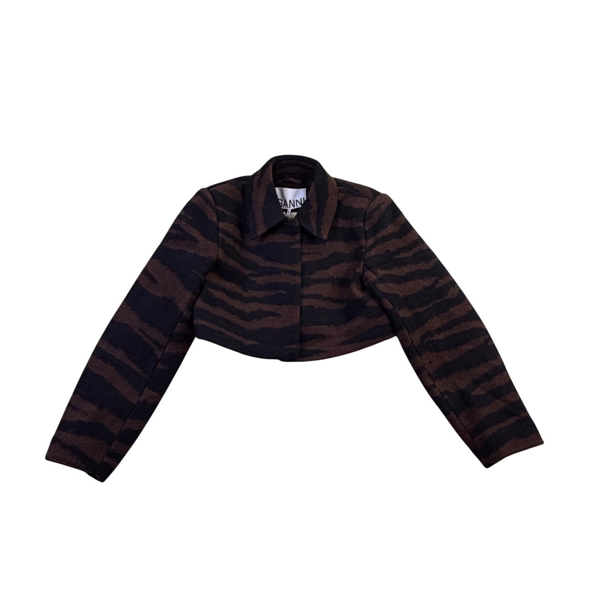 Ganni Womens Black Tiger Stripe Wool & Polyester Cropped Jacket Size 34