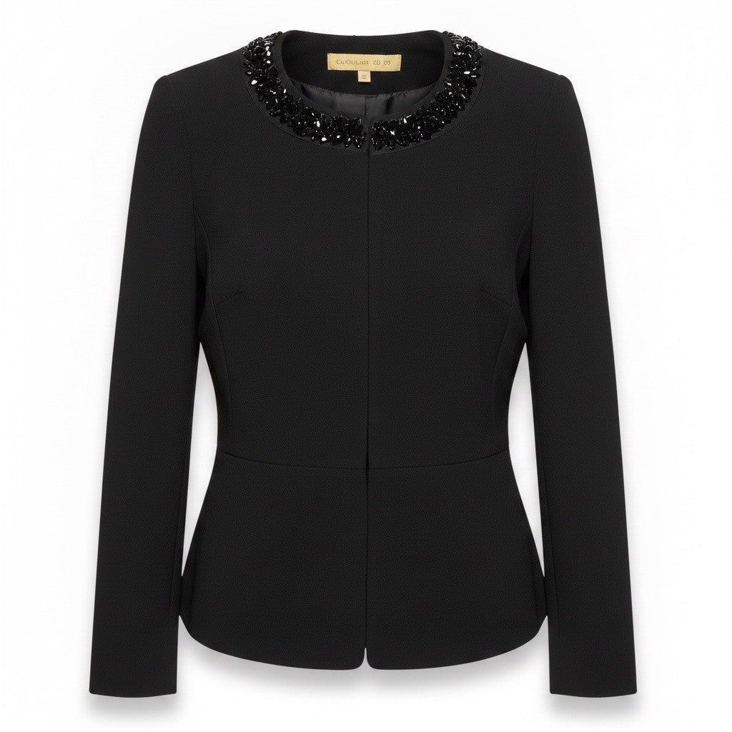 Nipon Boutique Womens Black Embellished Collar Open-Front Jacket Size 4