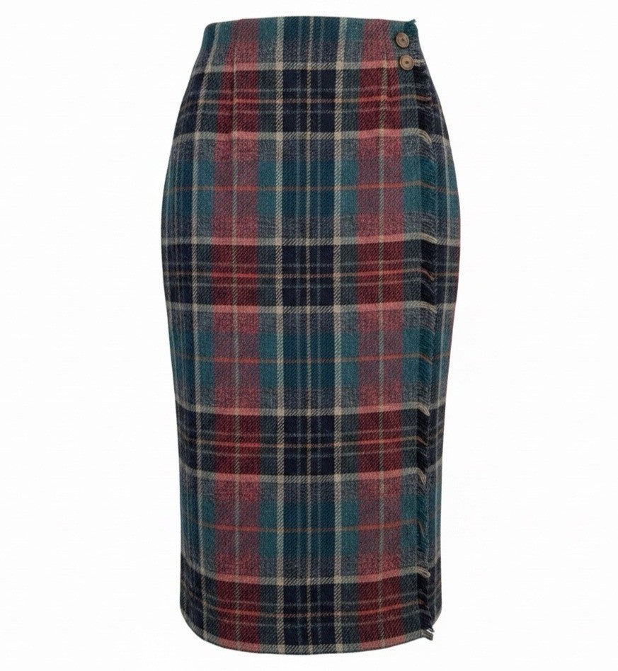 Talbots Womens Red & Green Plaid Wool Midi Skirt Button Accent Size 8 Petite