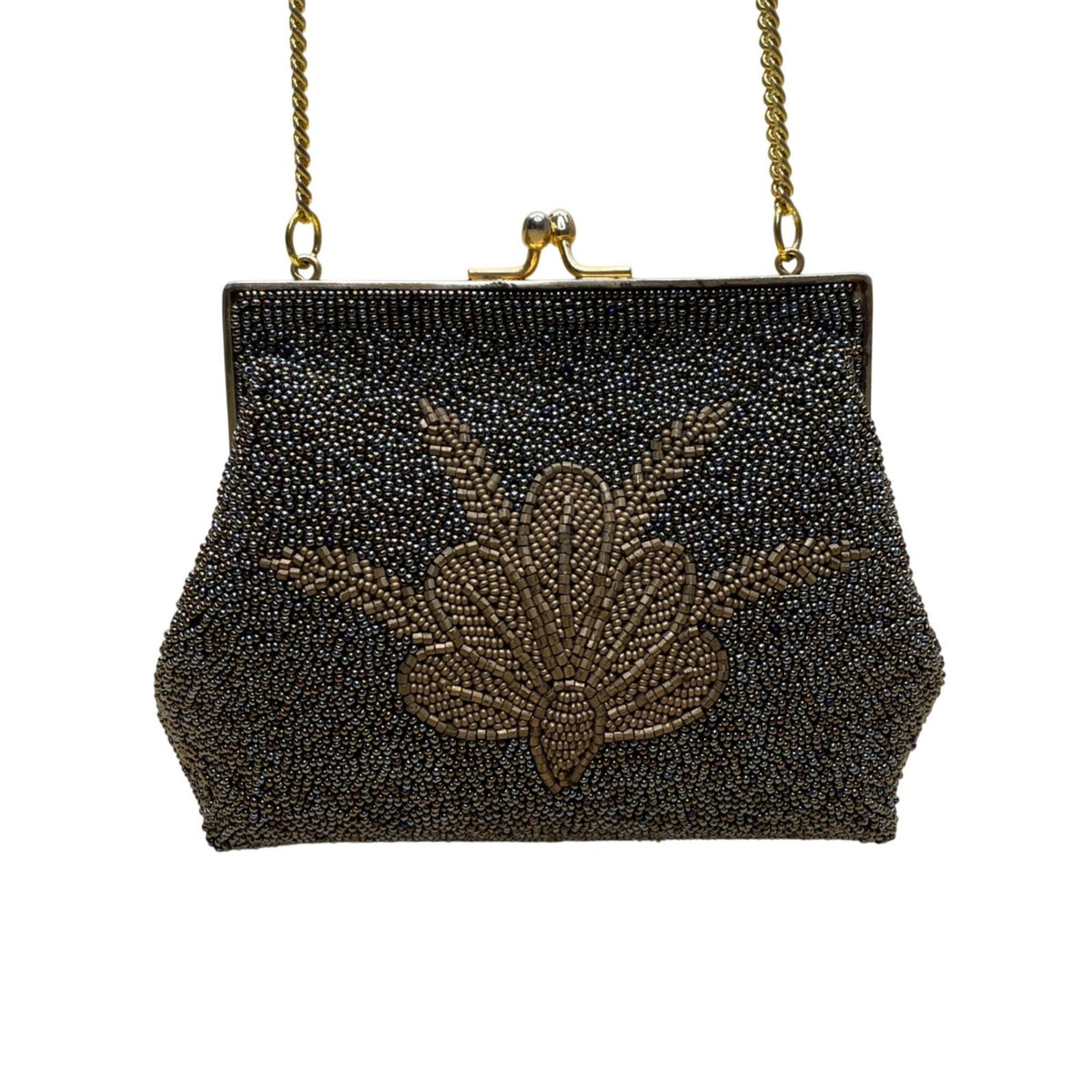 Vintage Women’s Gold & Black Beaded Chain Crossbody Strap Evening Clutch Bag