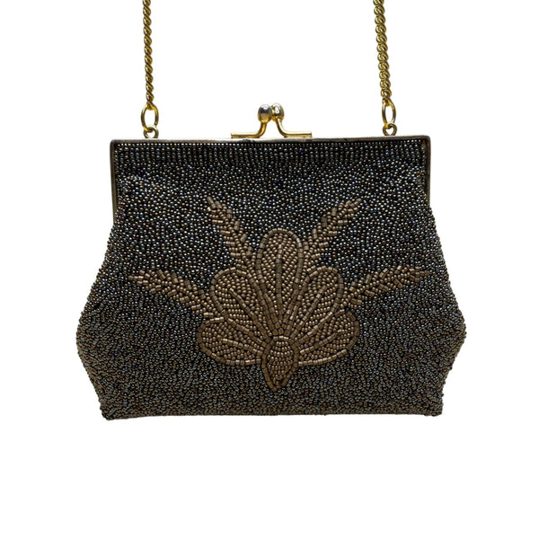 Vintage Women’s Gold & Black Beaded Chain Crossbody Strap Evening Clutch Bag