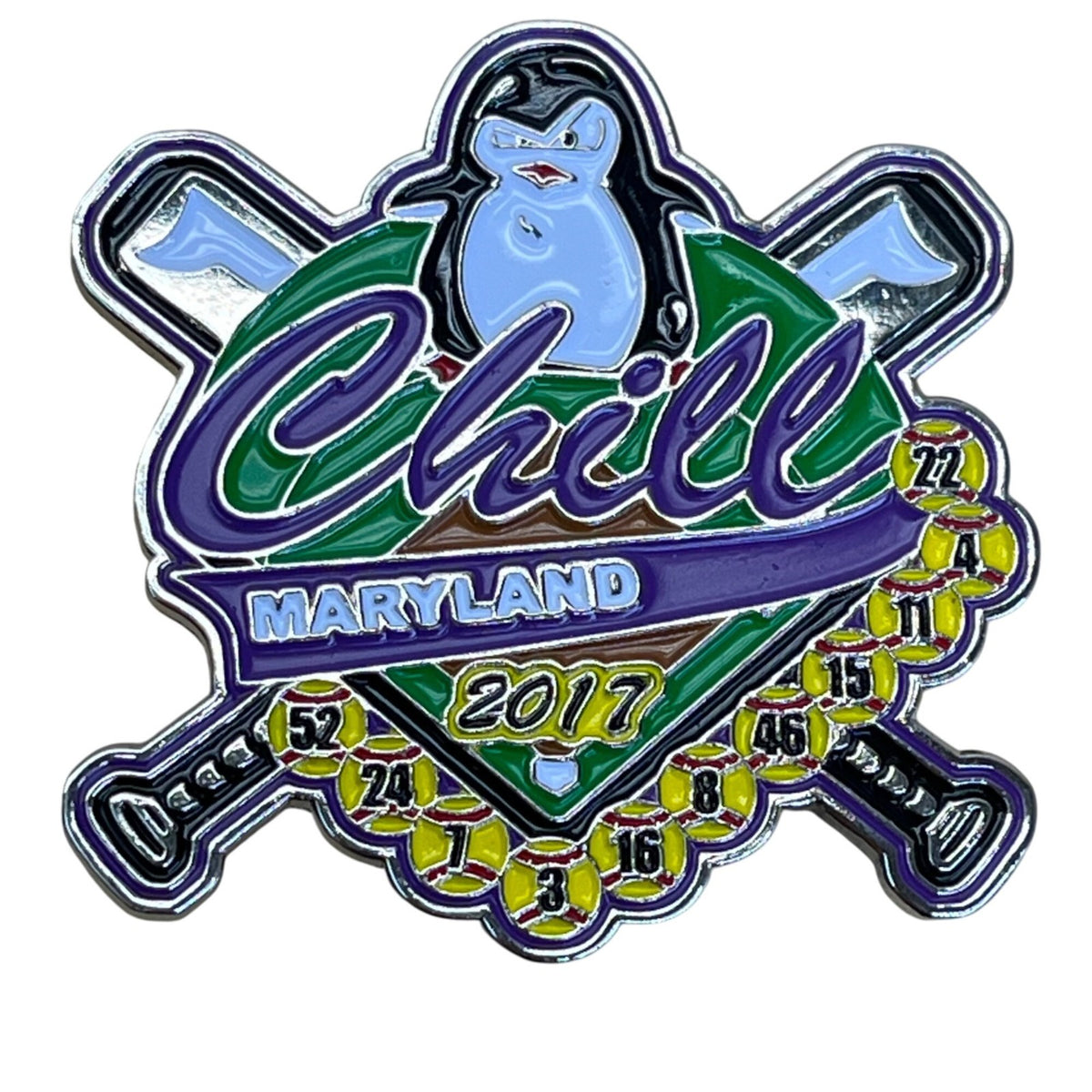 Chill Maryland 2017 Soft Enamel Lapel Pin With Penguin & Crossed Bats Design
