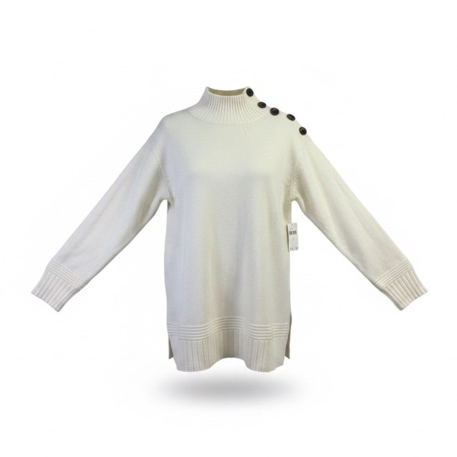Anthropologie Womens Ivory Sweater High Neck Button Detail Size XS