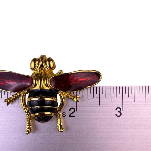 Gold Tone Enamel Bee Brooch Red Wings Enameled Detail Jewelry Pin Vintage