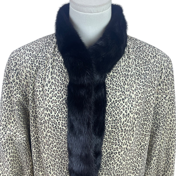 Silverman Furs Womens Black Mink Trim Leopard Print Coat Elegant Outerwear