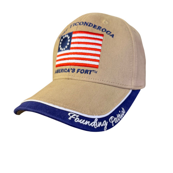 Fort Ticonderoga Founding Patriot Embroidered Khaki & Blue Baseball Cap