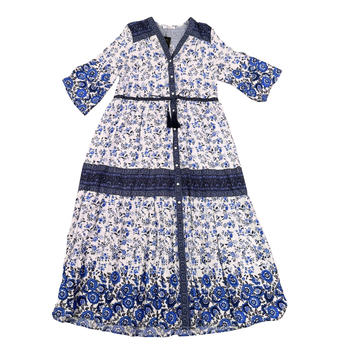 R. Vivimos Womens Blue & White Floral Maxi Dress Cotton Button Down Size XL