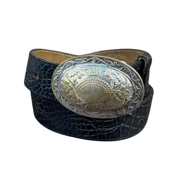 Streets Ahead Womens Black Leather Belt Croc Embossed Western Silver Buckle M