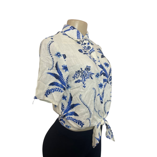 Industry Women's White With  Blue Floral Print Button Up Shirt Sz  XS- NWT