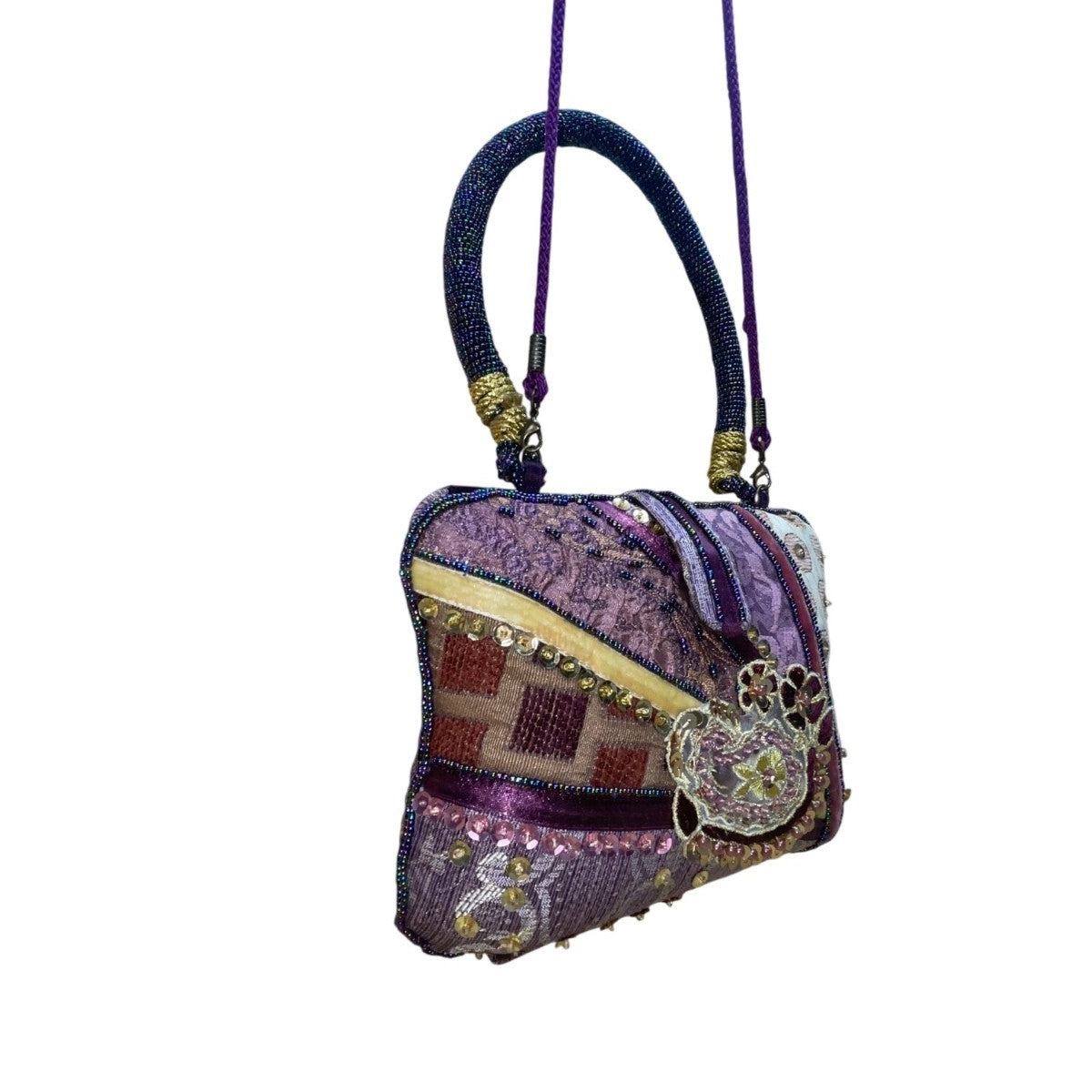 Bohemian Women’s Purple Patchwork Beaded Handbag With Embellished Details