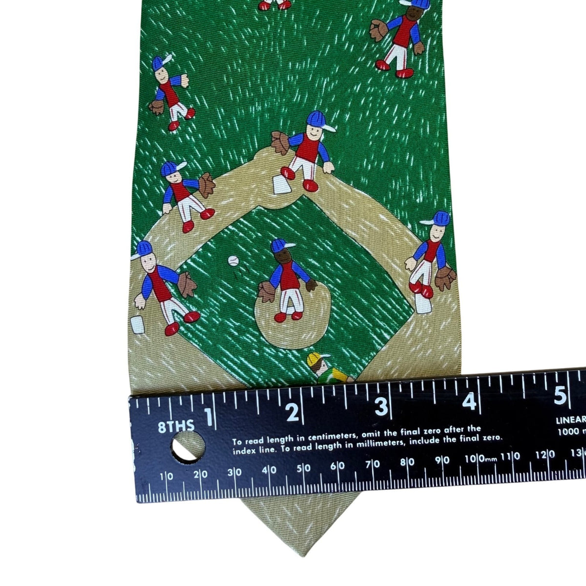 The Save The Children Mens Blue & Green Silk Baseball Print Tie Handmade Pattern