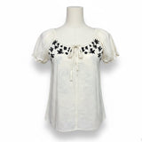 White Womens Cotton Embroidered Floral Short Sleeve Blouse Boho Casual Top Sz M