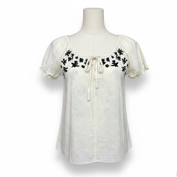 White Womens Cotton Embroidered Floral Short Sleeve Blouse Boho Casual Top Sz M