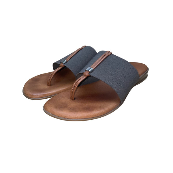 Andre Assous Women’s Brown Leather & Gray Elastic Strap Slip-On Sandals Size 6