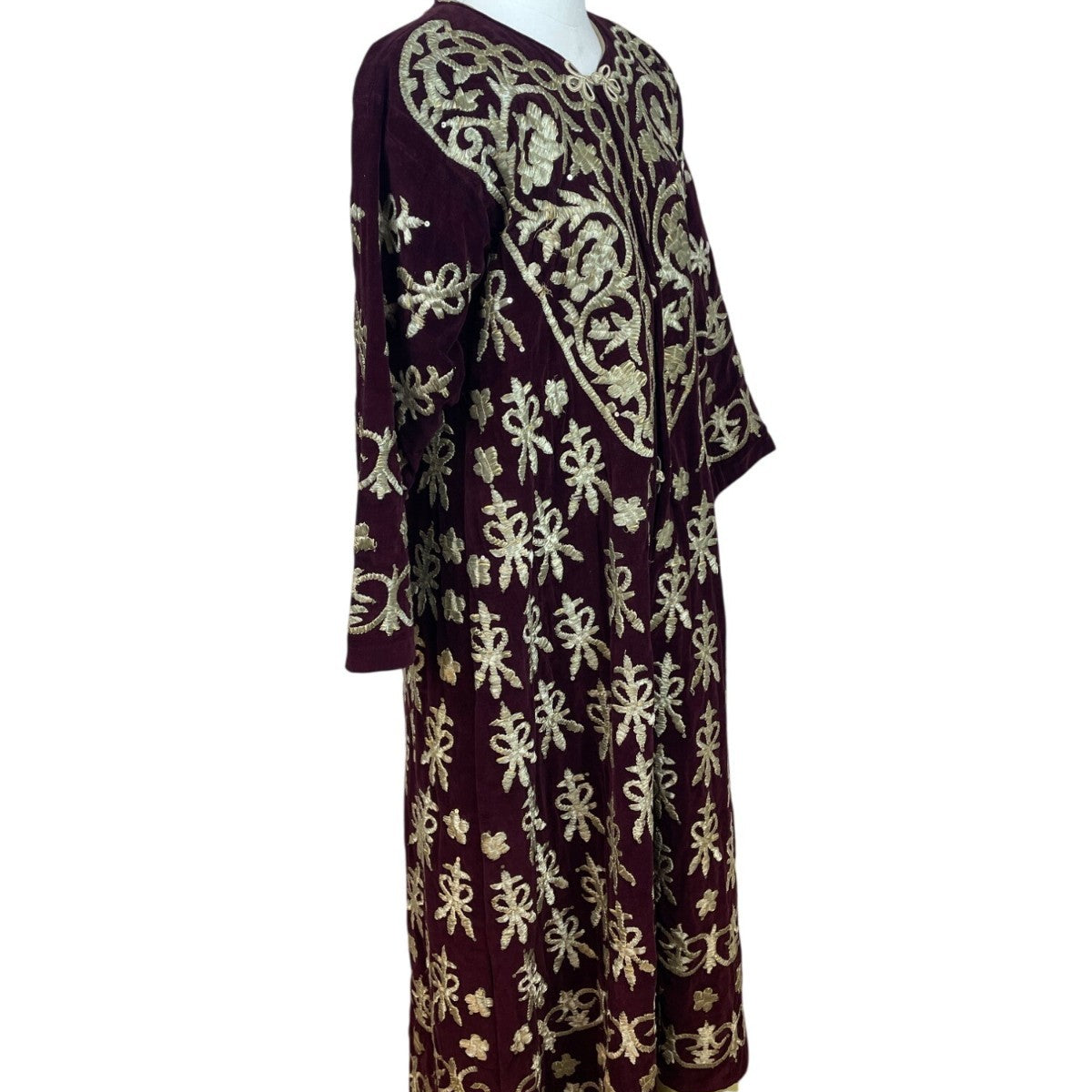 Vintage Women’s Velvet Burgundy & Gold Tone Embroidered Kaftan Dress