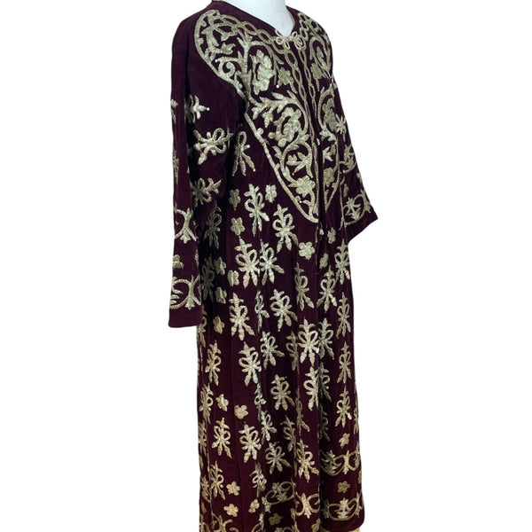 Vintage Women’s Velvet Burgundy & Gold Tone Embroidered Kaftan Dress