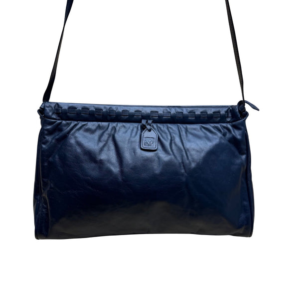 Anne Klein Women’s Dark Blue Leather Soft Woven Detail Logo Tag Shoulder Bag
