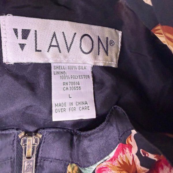 Lavon Womens Black Silk Floral Pattern Bomber Jacket Lightweight Lining Size L