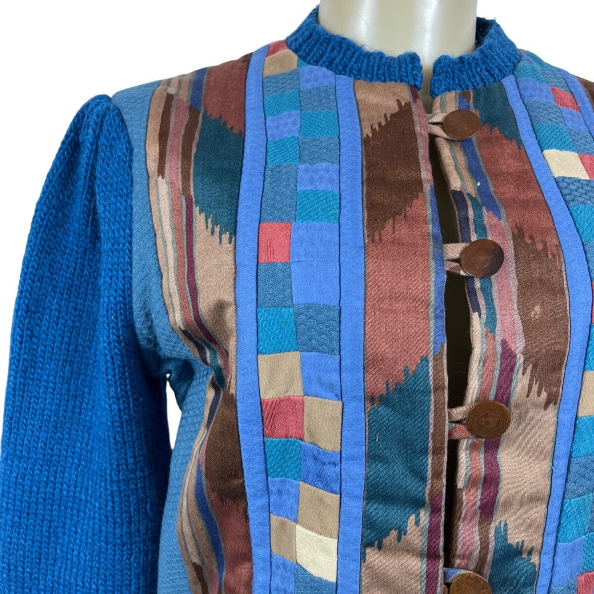 Vintage Button-Up Patchwork Cardigan Sweater With Textured Blue Sleeves Sz S/M