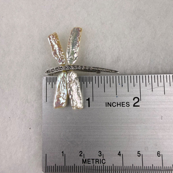 Sterling Silver Dragonfly Brooch Natural Freshwater Pearls Rhinestone Inlays