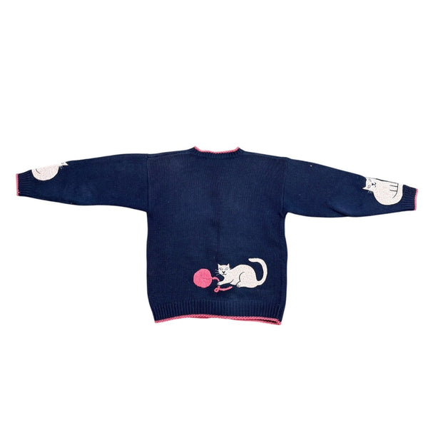 Bellepointe Womens Navy Cotton Ramie Cat Graphic Cardigan Sweater Knit Size S