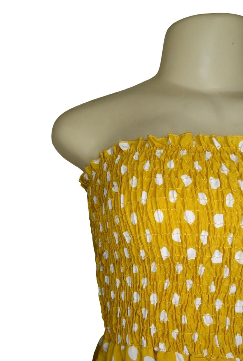 Women's Yellow & White Polka Dot Strapless High-Low Dress By Angie