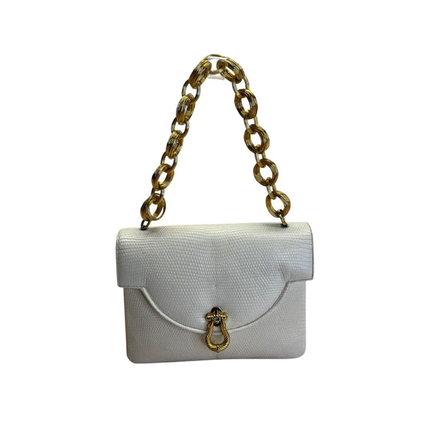 Vintage Finesse White Faux Lizard Leather Handbag Gold Chain Strap & Twist Clasp