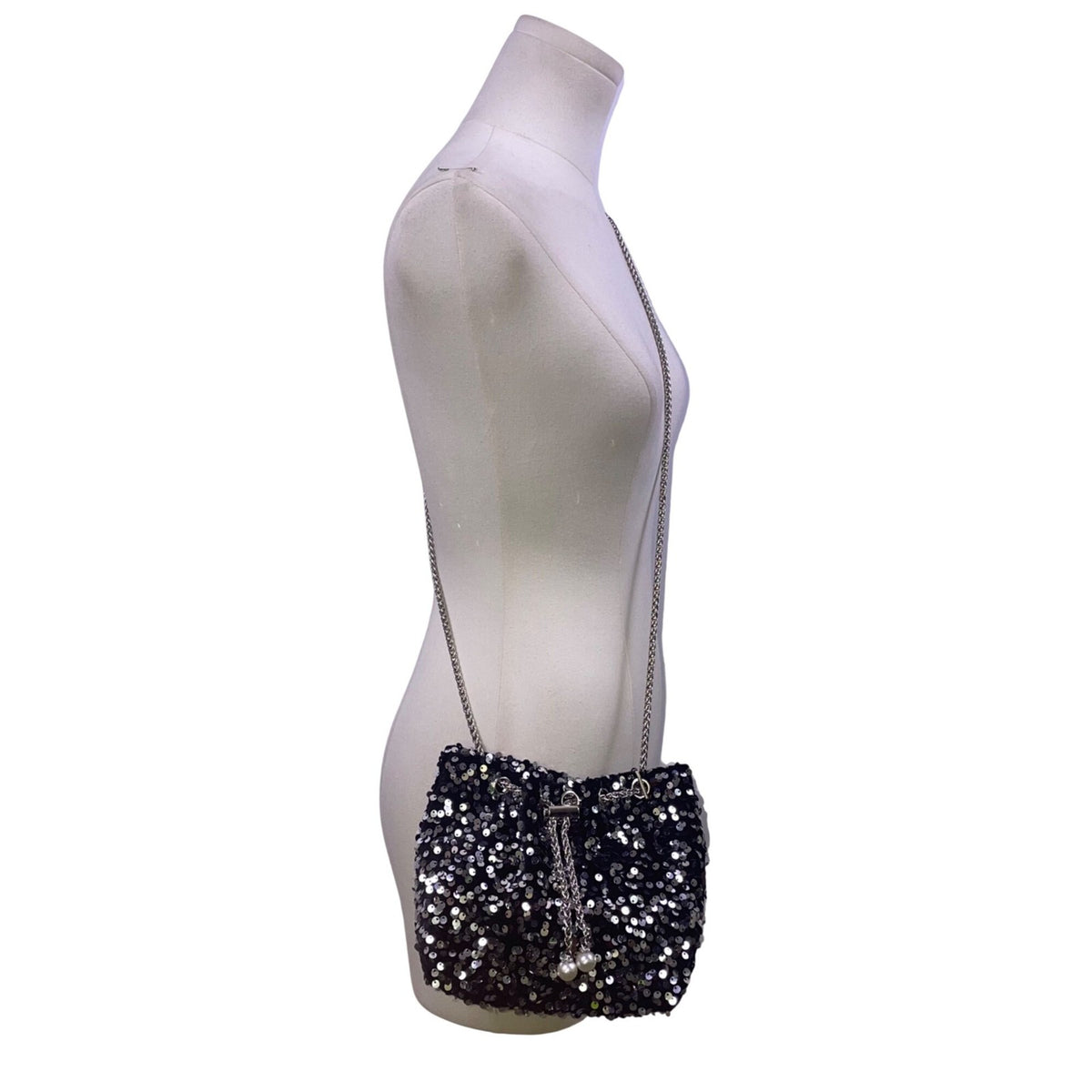 Women’s Black & Silver Sequined With Drawstring Chain Strap Purse