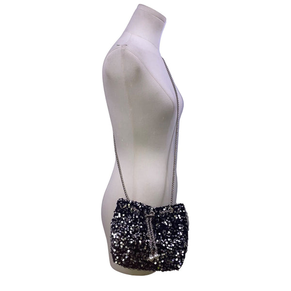 Women’s Black & Silver Sequined With Drawstring Chain Strap Purse