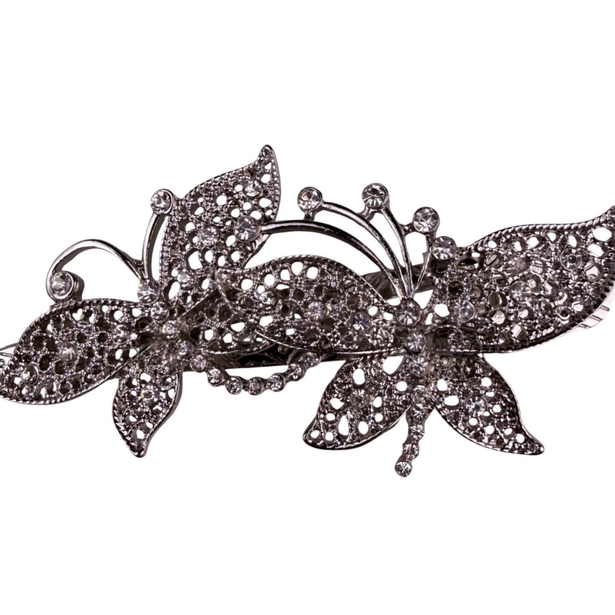 Silver Tone Rhinestone Butterfly Hair Clip Elegant Floral Filigree Design