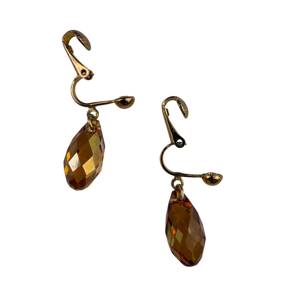 Gold Tone Womens Faceted Drop Clip-On Earrings Amber Crystal Accents 1