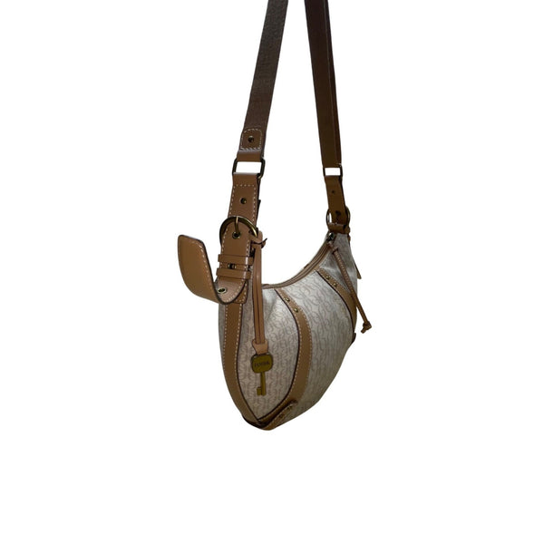 Fossil Women’s Beige Logo Pattern & Brown Leather Trim Adjustable Strap Hobo Bag