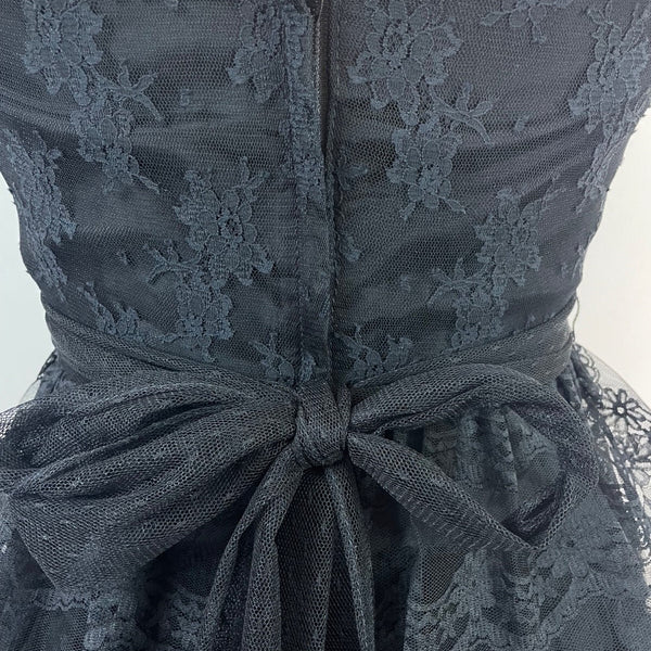 Vintage TD4 Strapless Black Lace Tiered Party Dress With Bow Back Detail Sz 7/8