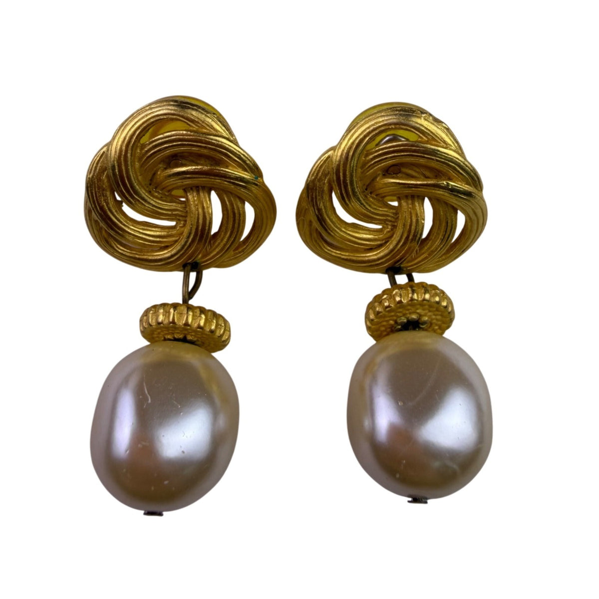 Vintage Faux Pearl & Gold Tone Statement Earrings Drop Style Dangle Design
