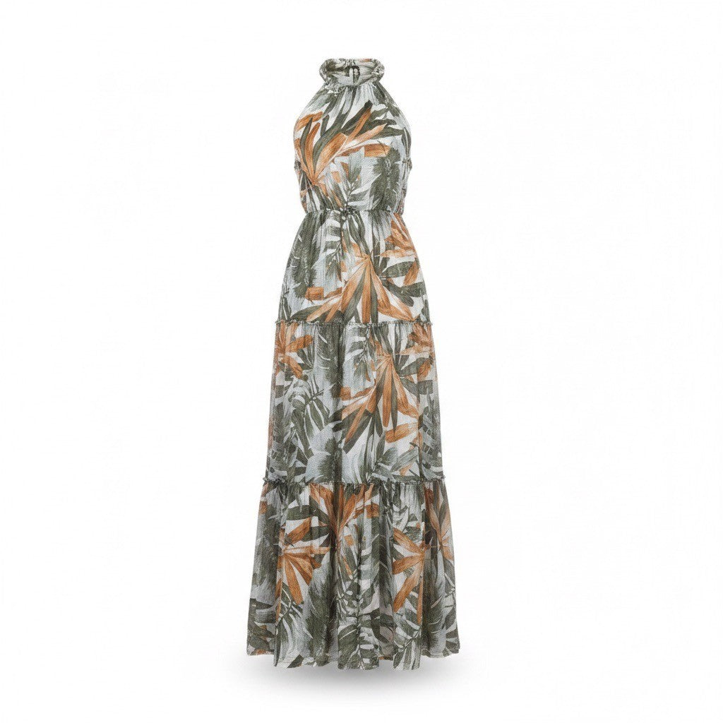 Kate & Lily Womens Green Orange Halter/Maxi Dress Tropical Print Size 12