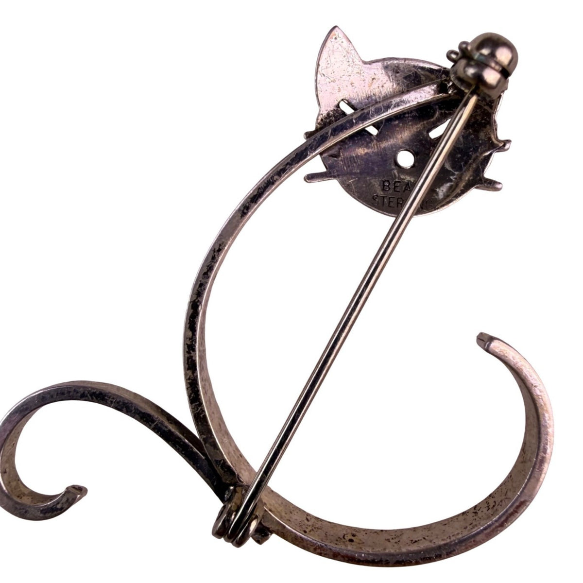 Beau Womens Sterling Silver Tone Metal Cat Shape Brooch Vintage Modernist