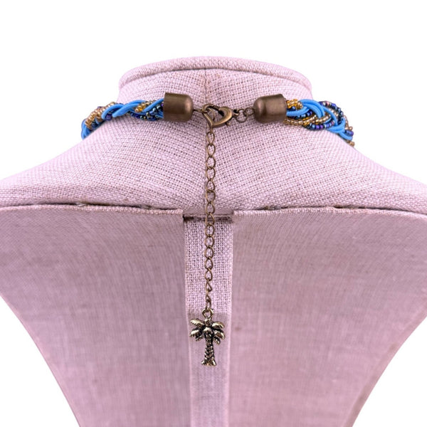 Blue & Gold Tone Elephant Pendant Necklace Braided Chain Design With Turquoise S