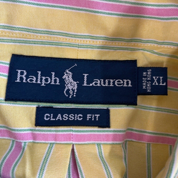 Ralph Lauren Men's Yellow With Pink Stripes Long sleeve Button Up Shirt Sz -XL