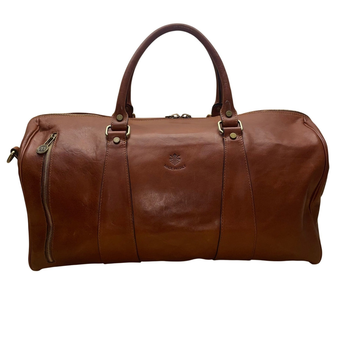 D&D Firenze Men’s Brown Leather Double Handles Shoulder Strap Travel Duffel Bag