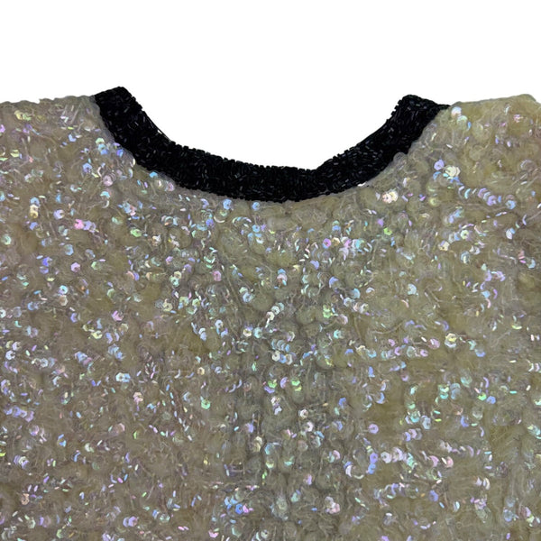 I. Magnin Womens Ivory & Black Silk Beaded Sequin Jacket 100% Silk Lining Size M