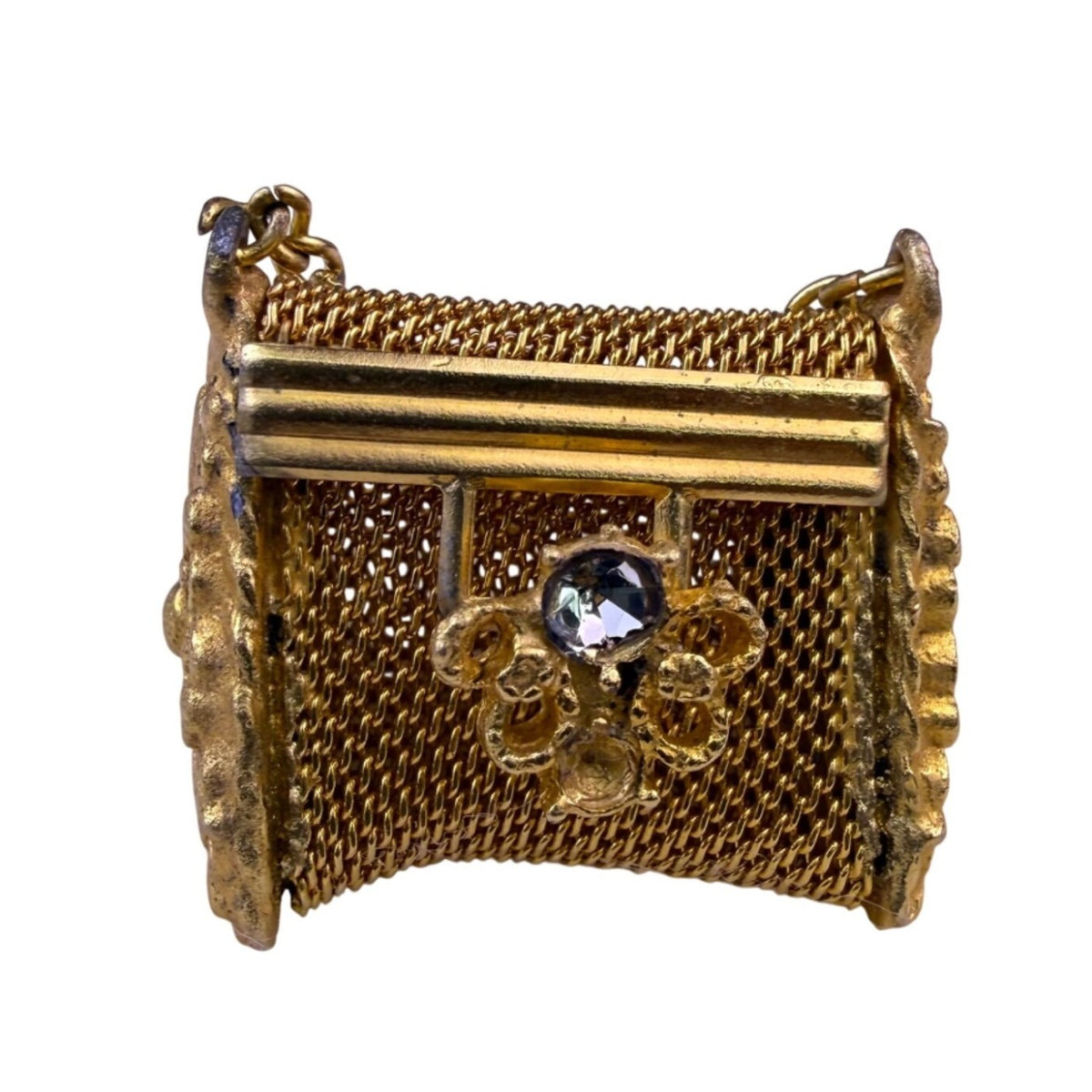 Miniature Vintage Gold-Toned Mesh Pillbox With Chain Clip & Rhinestone Detail