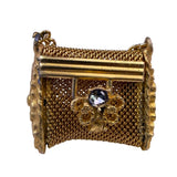 Miniature Vintage Gold-Toned Mesh Pillbox With Chain Clip & Rhinestone Detail