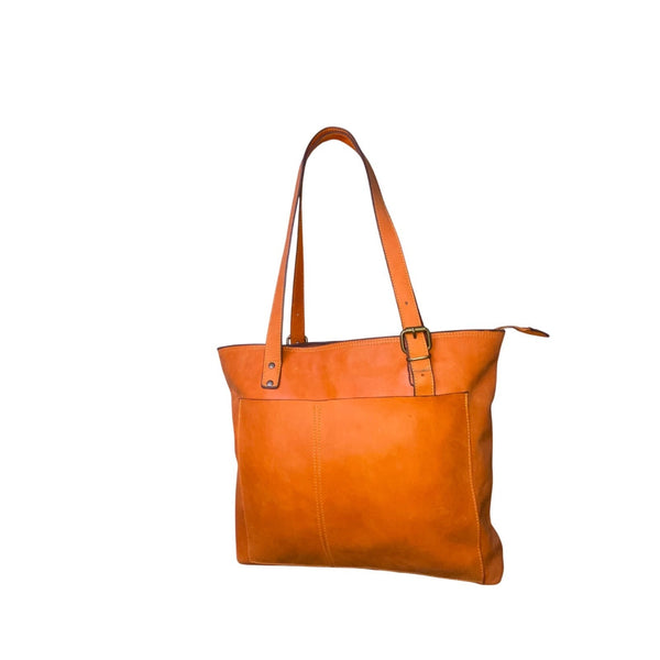 Women’s Orange Leather Adjustable Straps Zip Closure Inner Pockets Tote Bag